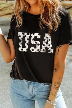 Sale Dear-Lover Star USA Graphic Crewneck T Shirt Black
