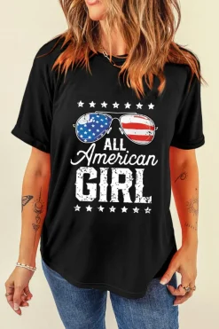 Sale Dear-Lover Stars and Stripes Glasses Slogan Graphic T Shirt Black