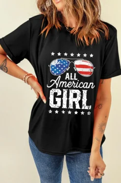 Sale Dear-Lover Stars and Stripes Glasses Slogan Graphic T Shirt Black