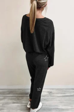 Sale Dear-Lover Stars Print Long Sleeve Drawstring High Waist Lounge Set Black