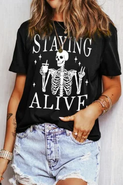 Hot Dear-Lover STAYING ALIVE Funny Skeleton Print Round Neck T Shirt Black