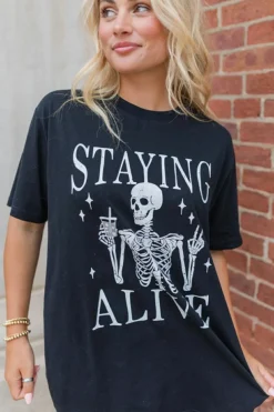 Hot Dear-Lover STAYING ALIVE Funny Skeleton Print Round Neck T Shirt Black