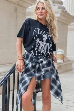 Hot Dear-Lover STAYING ALIVE Funny Skeleton Print Round Neck T Shirt Black