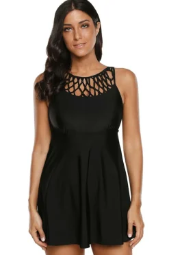 Sale Dear-Lover Strappy High Neck Swim Dress Black