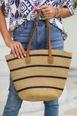 New Dear-Lover Straw Woven Striped Vacation One Shoulder Bag Black