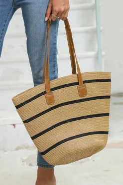 New Dear-Lover Straw Woven Striped Vacation One Shoulder Bag Black
