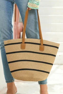 New Dear-Lover Straw Woven Striped Vacation One Shoulder Bag Black