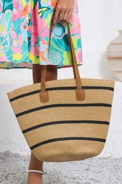 New Dear-Lover Straw Woven Striped Vacation One Shoulder Bag Black