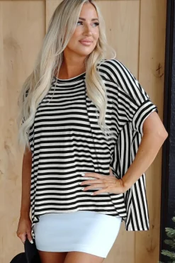 Outlet Dear-Lover Batwing Sleeve Crewneck Oversized Top Black Stripe