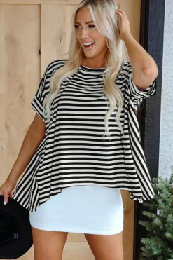 Outlet Dear-Lover Batwing Sleeve Crewneck Oversized Top Black Stripe