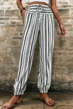 Fashion Dear-Lover Boho Striped Print Casual Pants Black Stripe