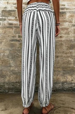 Fashion Dear-Lover Boho Striped Print Casual Pants Black Stripe