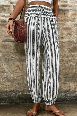 Fashion Dear-Lover Boho Striped Print Casual Pants Black Stripe