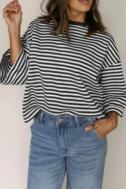Hot Dear-Lover Bowknot Cutout Back Drop Shoulder Wide Bracelet Sleeve Loose Tee Black Stripe