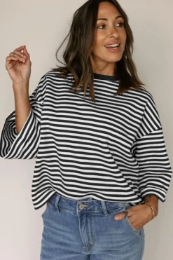 Hot Dear-Lover Bowknot Cutout Back Drop Shoulder Wide Bracelet Sleeve Loose Tee Black Stripe
