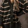 Clearance Dear-Lover Buttoned V Neck Drop Shoulder Loose Cardigan Black Stripe