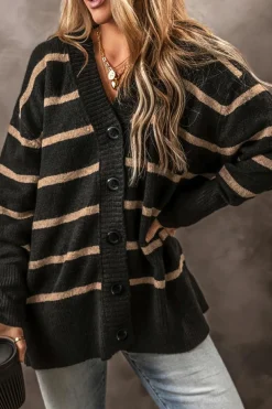 Clearance Dear-Lover Buttoned V Neck Drop Shoulder Loose Cardigan Black Stripe