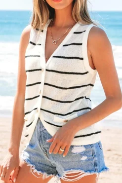 Fashion Dear-Lover Buttoned V Neck Slim Fit Sweater Vest Black Stripe