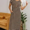 Sale Dear-Lover Casual Round Neck T-shirt Maxi Dress with Pockets Black Stripe