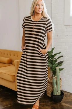 Sale Dear-Lover Casual Round Neck T-shirt Maxi Dress with Pockets Black Stripe