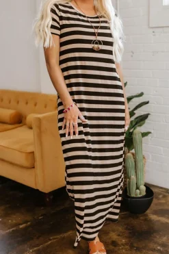 Sale Dear-Lover Casual Round Neck T-shirt Maxi Dress with Pockets Black Stripe