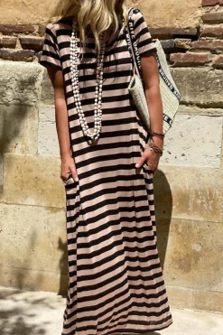 Sale Dear-Lover Casual Round Neck T-shirt Maxi Dress with Pockets Black Stripe