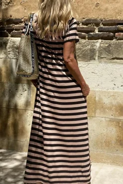 Sale Dear-Lover Casual Round Neck T-shirt Maxi Dress with Pockets Black Stripe