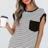 Best Dear-Lover Chest Pocket Patch Round Neck Tank Top Black Stripe
