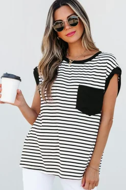 Best Dear-Lover Chest Pocket Patch Round Neck Tank Top Black Stripe