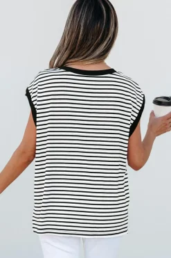 Best Dear-Lover Chest Pocket Patch Round Neck Tank Top Black Stripe