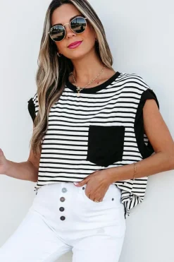 Best Dear-Lover Chest Pocket Patch Round Neck Tank Top Black Stripe