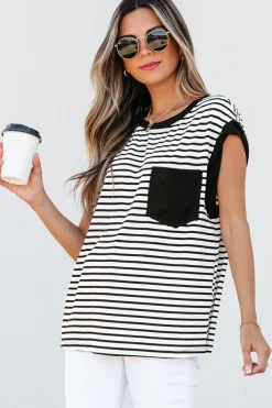 Best Dear-Lover Chest Pocket Patch Round Neck Tank Top Black Stripe