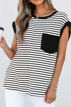 Best Dear-Lover Chest Pocket Patch Round Neck Tank Top Black Stripe