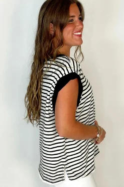 Best Dear-Lover Chest Pocket Patch Round Neck Tank Top Black Stripe