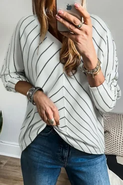 Online Dear-Lover Chevron Striped V Neck Long Sleeve Casual Top Black Stripe