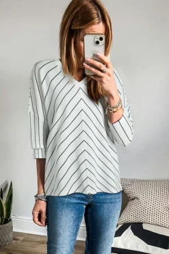 Online Dear-Lover Chevron Striped V Neck Long Sleeve Casual Top Black Stripe