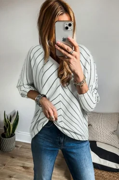 Online Dear-Lover Chevron Striped V Neck Long Sleeve Casual Top Black Stripe