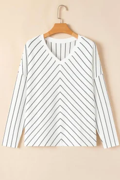 Online Dear-Lover Chevron Striped V Neck Long Sleeve Casual Top Black Stripe