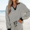 Sale Dear-Lover Collared Long Sleeve Top and Drawstring Shorts Set Black Stripe