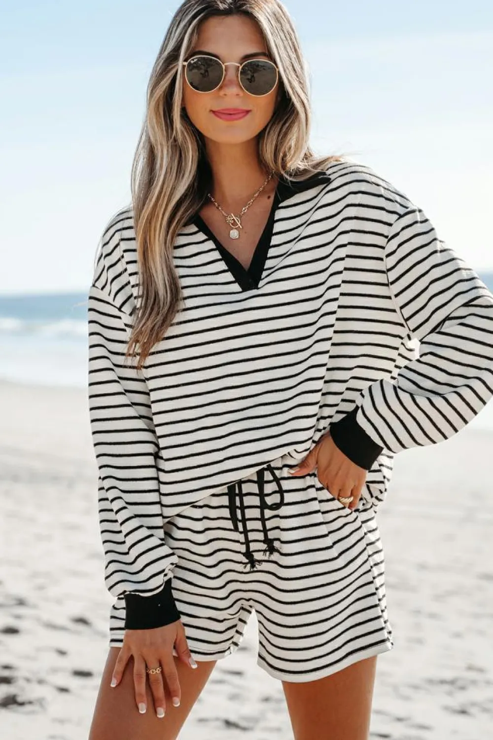 Sale Dear-Lover Collared Long Sleeve Top and Drawstring Shorts Set Black Stripe