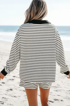 Sale Dear-Lover Collared Long Sleeve Top and Drawstring Shorts Set Black Stripe