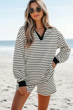Sale Dear-Lover Collared Long Sleeve Top and Drawstring Shorts Set Black Stripe