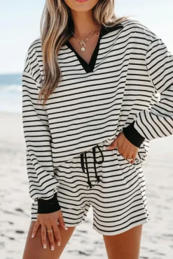 Sale Dear-Lover Collared Long Sleeve Top and Drawstring Shorts Set Black Stripe