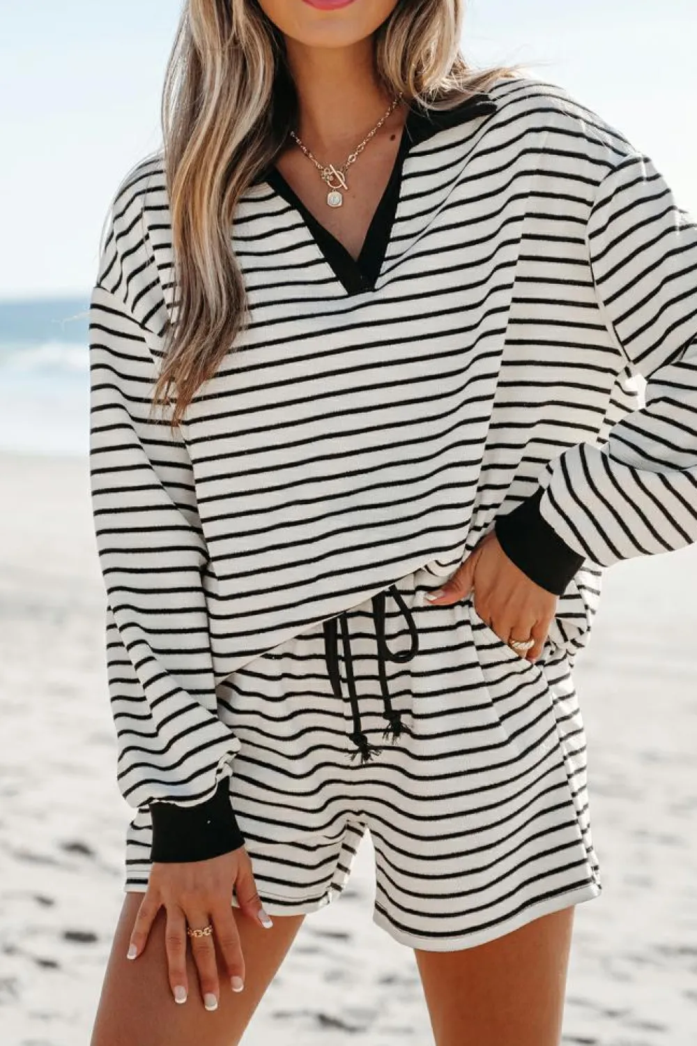 Sale Dear-Lover Collared Long Sleeve Top and Drawstring Shorts Set Black Stripe