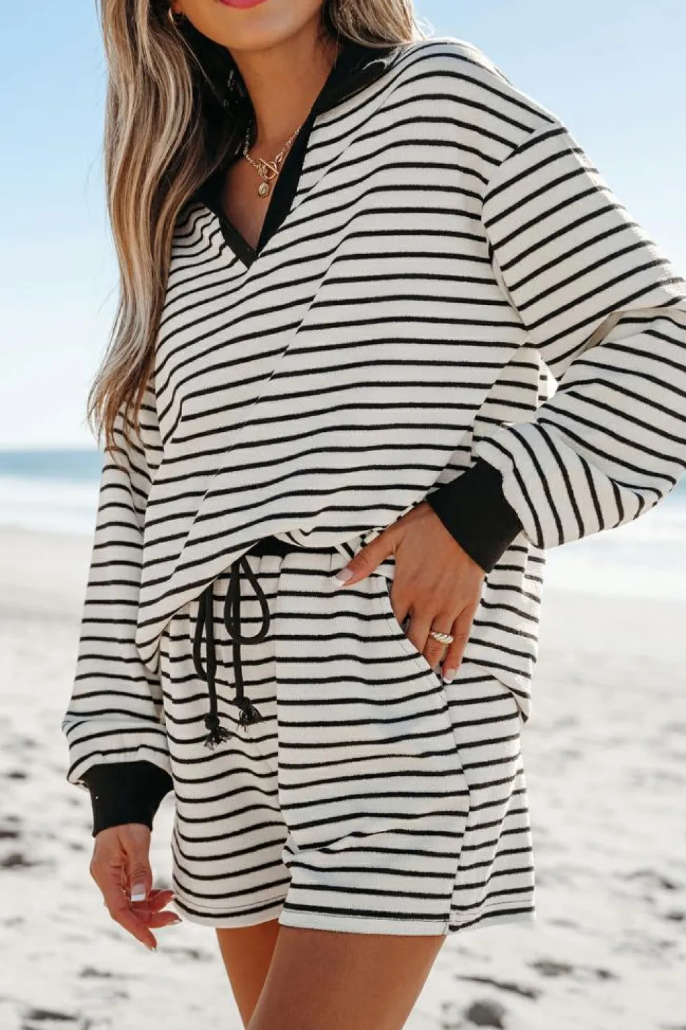 Sale Dear-Lover Collared Long Sleeve Top and Drawstring Shorts Set Black Stripe