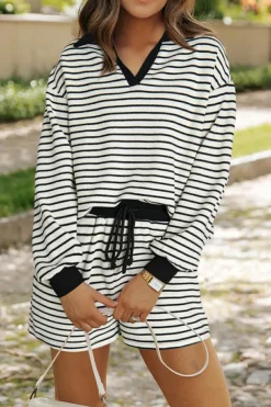 Sale Dear-Lover Collared Long Sleeve Top and Drawstring Shorts Set Black Stripe