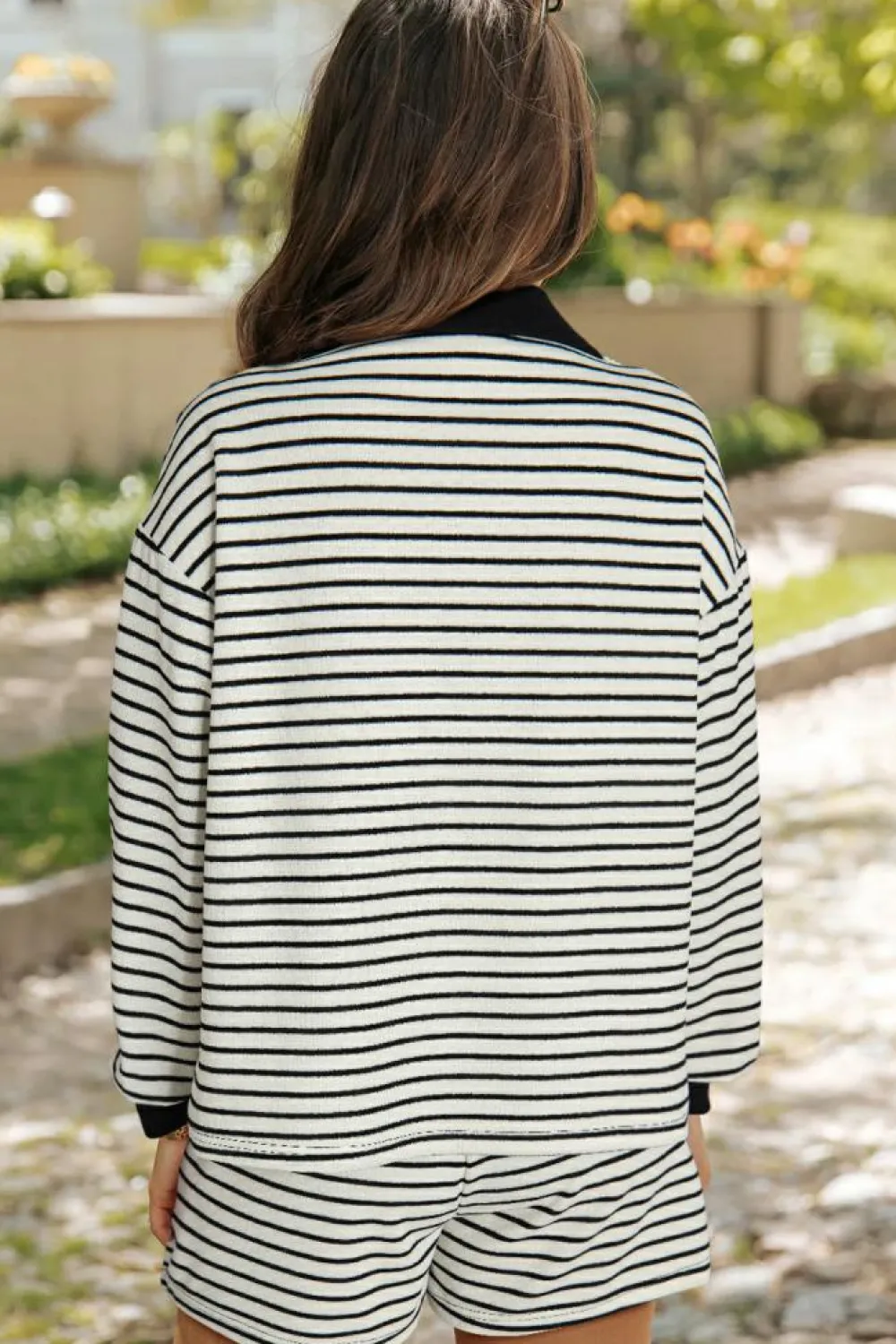 Sale Dear-Lover Collared Long Sleeve Top and Drawstring Shorts Set Black Stripe
