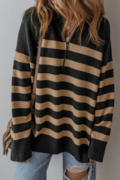 Discount Dear-Lover Collared Quarter Zipper Oversized Sweater Black Stripe