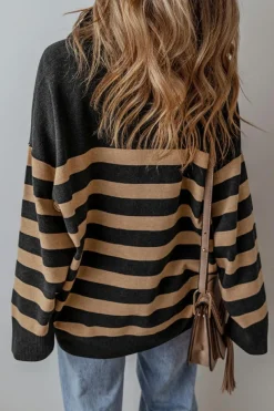 Discount Dear-Lover Collared Quarter Zipper Oversized Sweater Black Stripe
