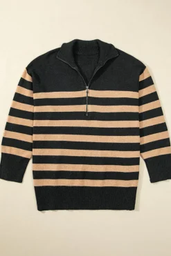 Discount Dear-Lover Collared Quarter Zipper Oversized Sweater Black Stripe